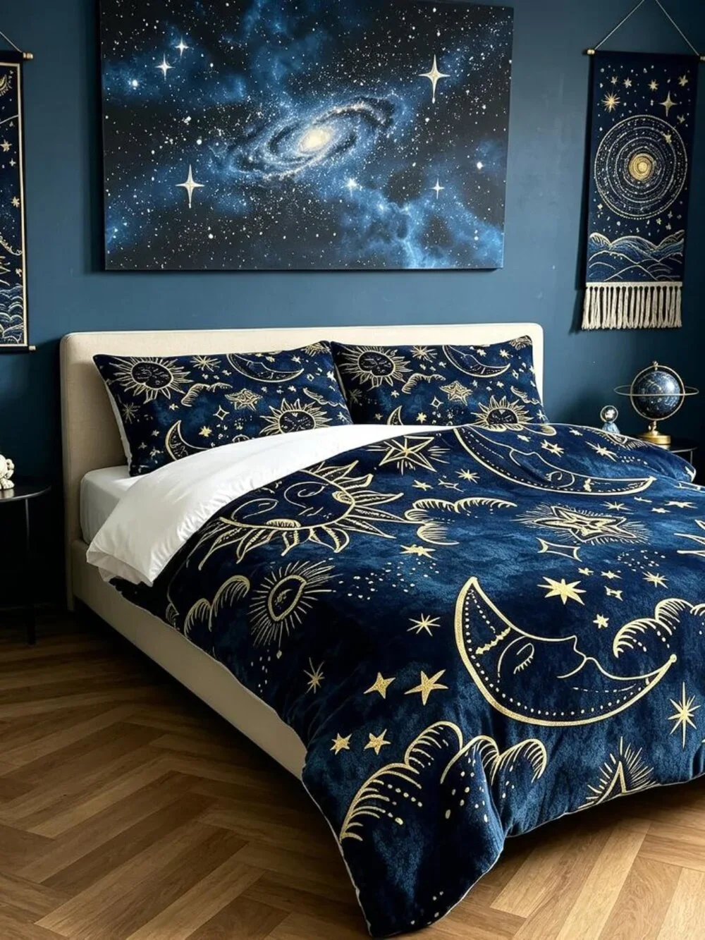 Sun and Moon Comforter Set Twin Size Blue Gold Celestial Boho Bedding for Kids A